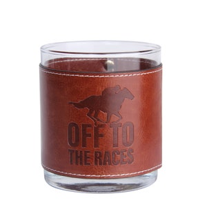 Derby Off To The Races Leather Rocks Glass Set - Kentucky Horse Racing Gifts - Derby Bar Gift - Bourbon Glass - Derby Themed Glasses - Decor