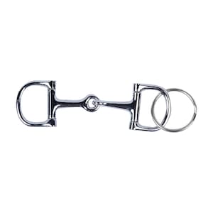 May include: A silver metal key chain with a snaffle bit design and a round key ring.