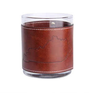 Derby Kentucky State Leather Rocks Glass Set of 2 - Kentucky Horse Racing Gift - Bourbon Whiskey Glass - Kentucky Bourbon - Gifts For Him