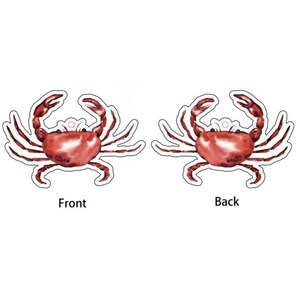 May include: A red crab with white outlines, shown from the front and back. The crab is a watercolor illustration.