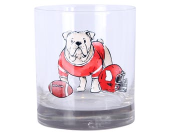 Bulldog Rocks Glass – Georgia Football Whiskey Tumbler with Red Jersey Dog – Game Day Bourbon Lowball Barware Gift for Sports Fans