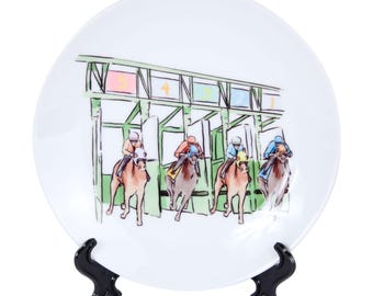 Plato Derby - Plato de cerámica para carreras de caballos con puerta de salida - Regalo para anfitriona de fiesta Derby - Carreras de caballos de Kentucky - Recuerdo de fiesta Derby - Decoración Derby