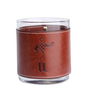 Derby Jockeys Leather Rocks Glass Set - Kentucky Horse Racing Gifts - Derby Bar Gift - Bourbon Glass - Derby Cups - Derby Themed Glasses