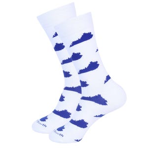 Kentucky Socks White/Blue - Husband Gift - Derby Day Attire - Groomsman - Fun Dress Socks - Kentucky Gift For Him Or Her - Unisex Adult Sock