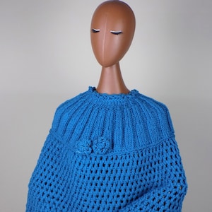 Poncho teal women knitted, Crochet hand made cape