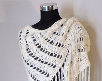 Wool Shawl Hand Knitted, White shawl with fringes