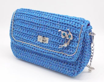 Crochet Luxury Shoulder Bag, Handcrafted Designer Crossbody Clutch, Blue Cyan Crochet Bag
