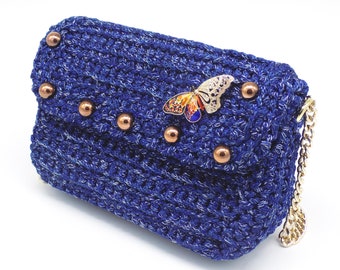 Crochet Luxury Shoulder Bag, Handcrafted Designer Crossbody Clutch, Everyday Trendy Handbag, Small Blue Bag