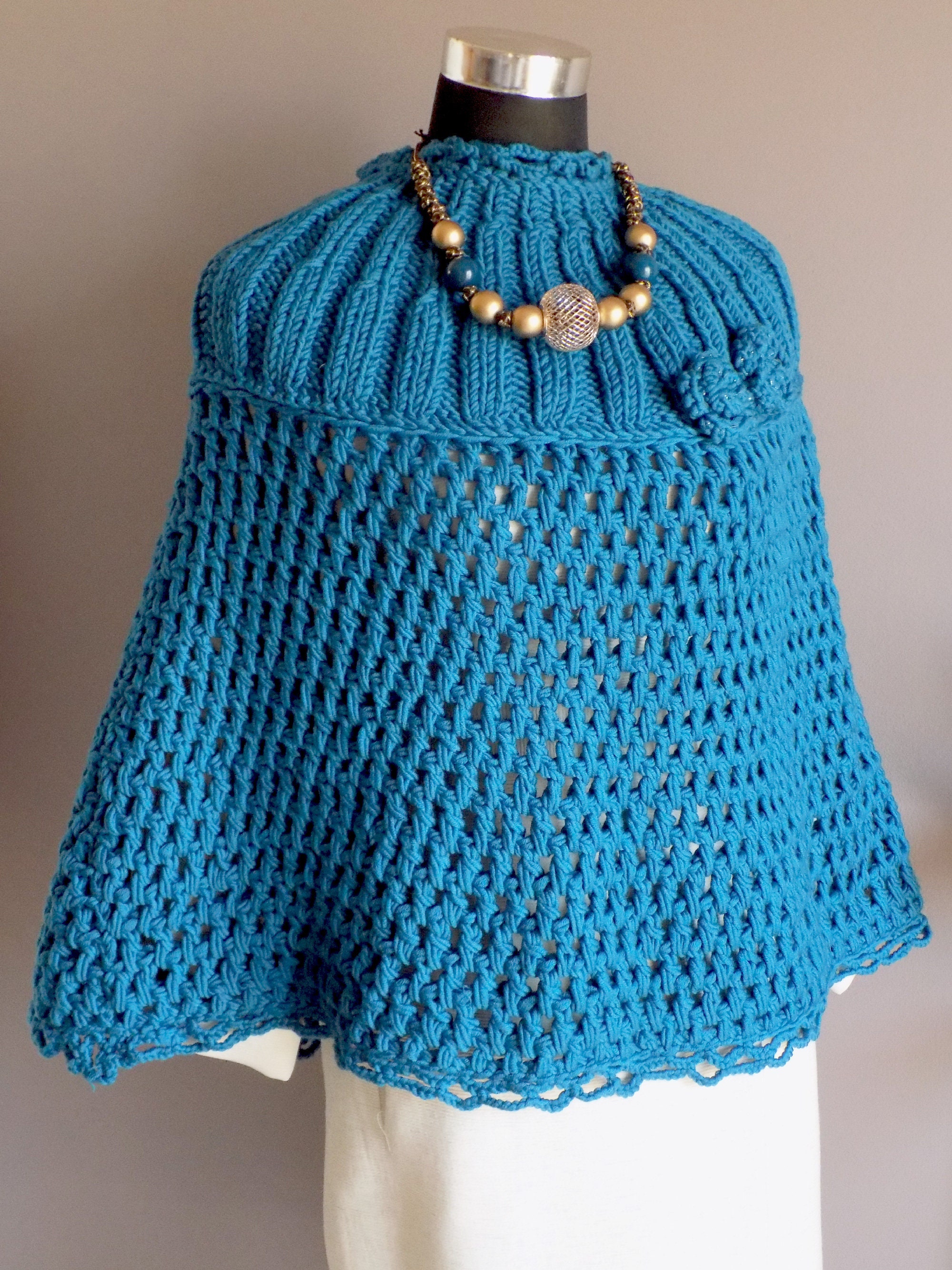 Poncho Teal Women Knitted, Crochet Hand Made Cape - Etsy UK