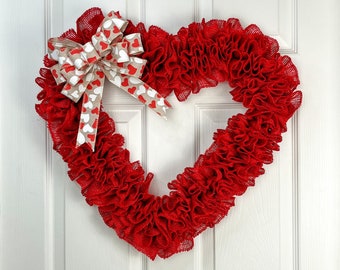 Red Burlap Heart Wreath 21”x20” | Handmade Rustic Valentine Door Decor | Farmhouse Home Decor