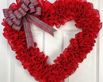 Red Burlap Heart Wreath 21”x20” | Handmade Rustic Valentine Door Decor | Farmhouse Home Decor