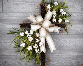 Handmade Cotton Cross Wreath, Farmhouse Door Decor
