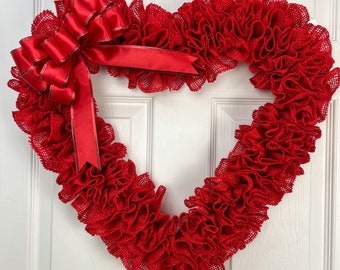Red Burlap Heart Wreath 21”x20” | Handmade Rustic Valentine Door Decor | Farmhouse Home Decor