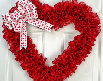 Red Burlap Heart Wreath 21”x20” | Handmade Rustic Valentine Door Decor | Farmhouse Home Decor