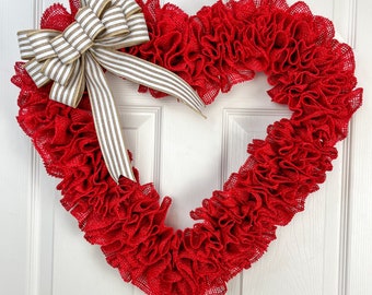 Red Burlap Heart Wreath 21”x20” | Handmade Rustic Valentine Door Decor | Farmhouse Home Decor