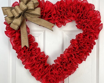 Red Burlap Heart Wreath 21”x20” | Handmade Rustic Valentine Door Decor | Farmhouse Home Decor