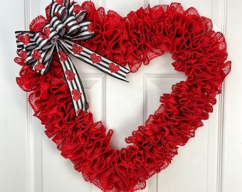 Red Burlap Heart Wreath 21”x20” | Handmade Rustic Valentine Door Decor | Farmhouse Home Decor