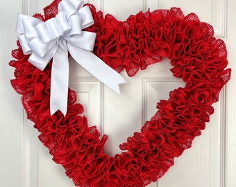 Red Burlap Heart Wreath 21”x20” | Handmade Rustic Valentine Door Decor | Farmhouse Home Decor