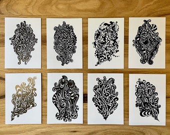 8 Set of Greeting Cards with Black and White Abstract Designs