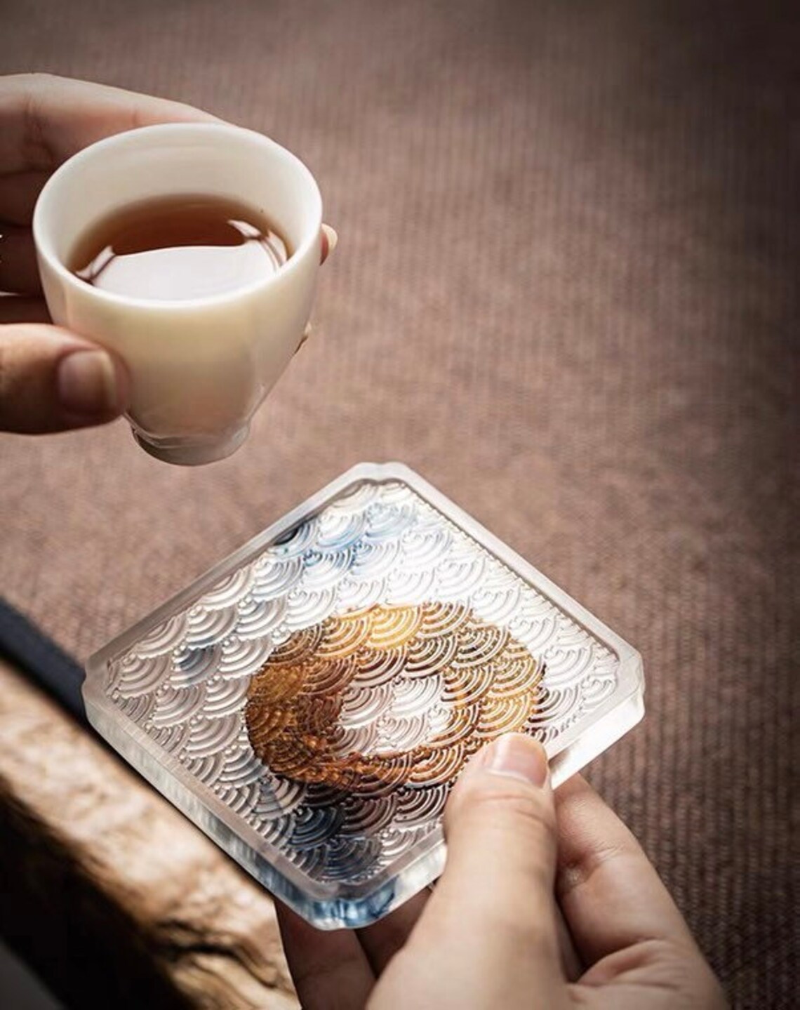 Handmade tea cup coaster with pine insert/ hand craft Etsy