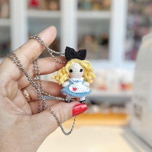 Alice, tiny crochet amigurumi doll 4 cm (1.57&quot;) tall. Necklace for a little girl, doll for the dollhouse.