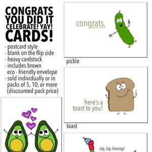 felicitaciones / celebrar / graduación / bebé / matrimonio / tarjetas de aniversario - estilo postal hecho a mano - aguacate / guacamole / tostadas / pepinillo