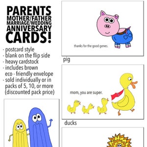 ouders / moederdag / vaderdag / bruiloft / verjaardag wenskaart - handgemaakte ansichtkaartstijl - rock, olijven, varken, eenden, mama, pops,
