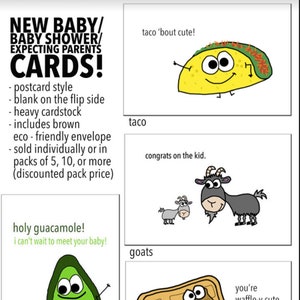 Tarjetas New Baby / Baby Shower / Expecting Parents — Handmade Baby Postcard -- Penguin, Cutie, Waffle, Taco, Goat, Plants, Avocado