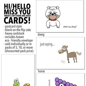 salut / hé / bonjour / comment allez-vous / tu me manques cartes de voeux -- style carte postale fait à la main -- tortue / raisins / dawg / chien / cheval