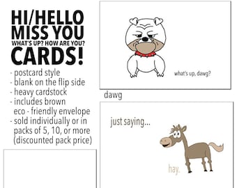 hi / hey / hello / how are you / miss you greetings cards -- handmade post card style -- turtle / grapes / dawg / dog / horse