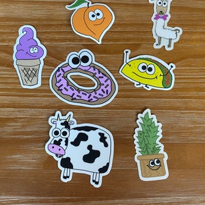 Pack of Die Cut Stickers (Taco, Ice Cream Cone, Peach, Cow, Llama, Succulent, Donut) Cartoon Stickers