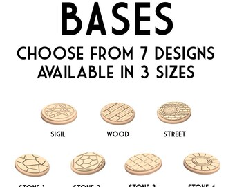 Set of 8 Bases - Stone, Wood, Street, Sigil, in 28mm, 32mm, 36mm for miniature gaming