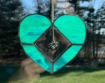 Stained glass heart Suncatcher with bevel and Autism puzzle piece charm Sun Catcher Ornament for window