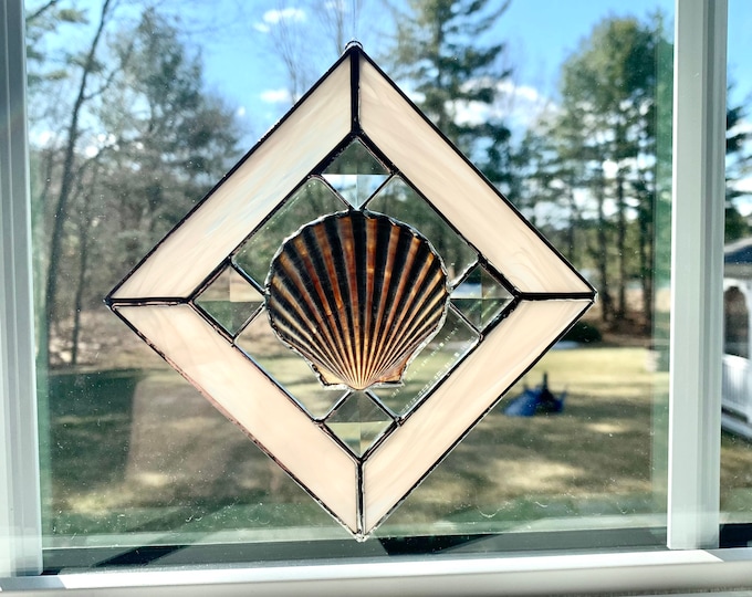 Cape Cod Stained Glass and Bevel Seashell Suncatcher Window Decoration