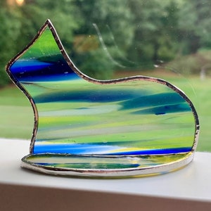 Small Standing stained glass cat suncatcher gift ornament Blue and Yellow