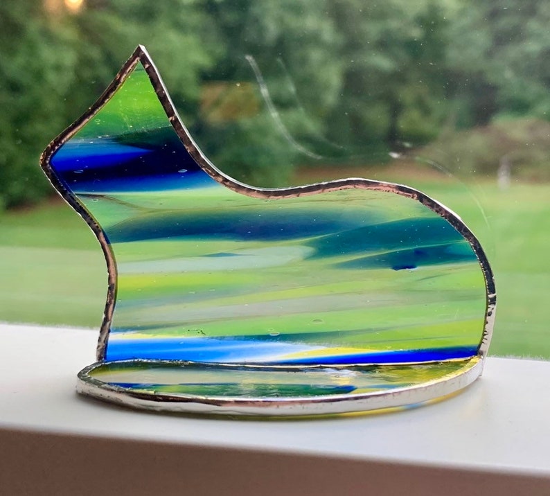 Small Standing stained glass cat suncatcher gift ornament Blue and Yellow