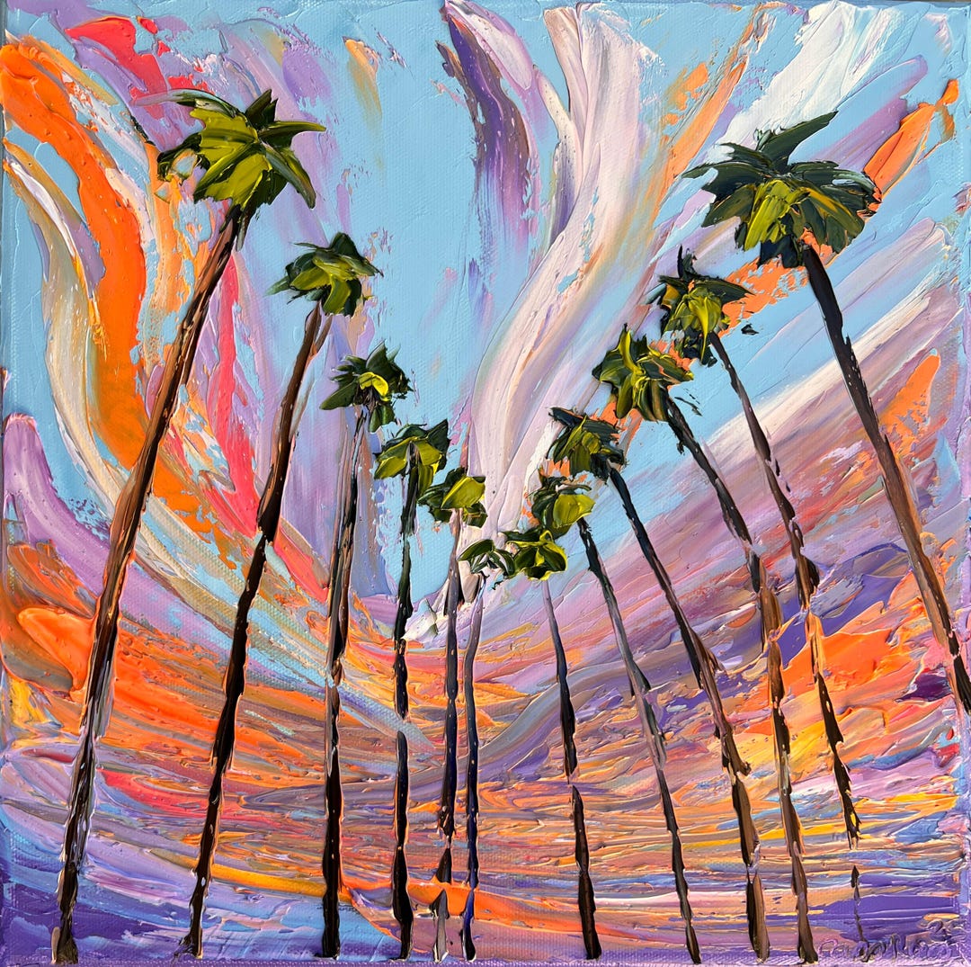 Original Palm Tree Sunset Oil Painting Los Angeles Sunrise Palette ...