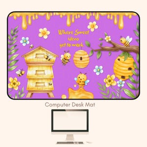 Bee Desk Mat Honeycomb Mouse Pad Cute Workspace Decor Purple Aesthetic Office Accessory Gift for Women Students