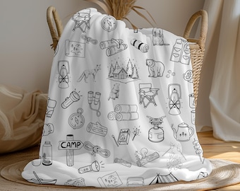 Camping Blanket, Soft Velveteen Cabin Throw, Bonfire, Sleepover Blanket, Black and White, Personalizable