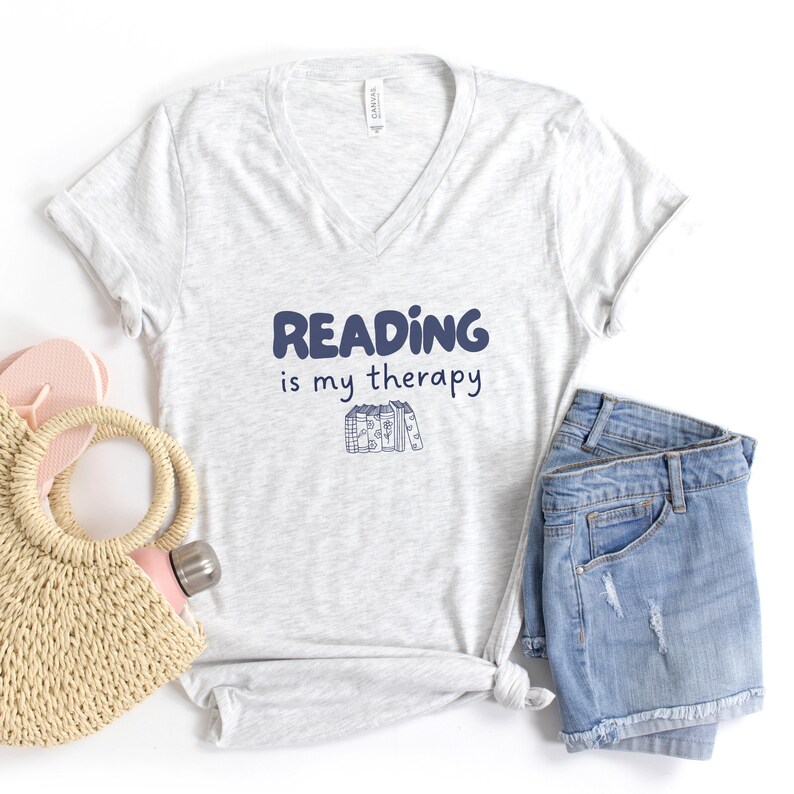 Reading is My Therapy V-Neck Tee - Book Lover Gift, Casual Book Club T-shirt Ash