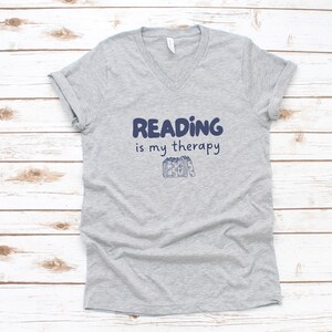 Reading is My Therapy V-Neck Tee - Book Lover Gift, Casual Book Club T-shirt Athletic Heather
