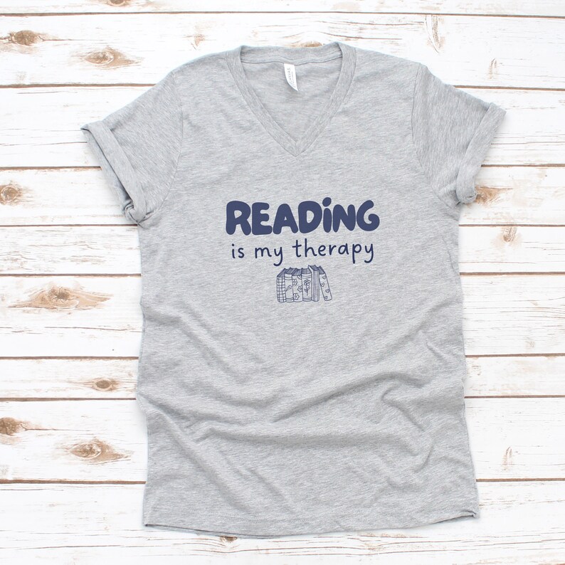 Reading is My Therapy V-Neck Tee - Book Lover Gift, Casual Book Club T-shirt Athletic Heather
