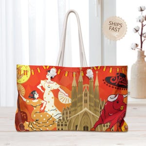 Spain Elegant Design Weekender Tote Bag, Gift For Her, European, Spain Travel Tote Bag, Spacious Colorful Spain Tote, Gift for Christmas