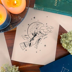 Impresión de arte de bruja lunar, decoración de brujas, arte de pared de brujas, arte espeluznante, dibujo retro de Halloween, imagen de bruja, cartel de otoño, pared de la galería de otoño