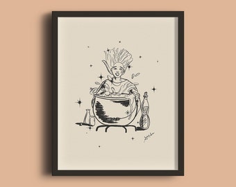 Witch Brew Art Print: Retro Kitchen Witch Halloween Decor