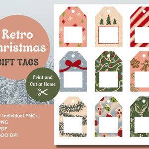 Retro Christmas Gift Tags, Printable Christmas Labels, Christmas Favors, Printable Favor Tags, Print and Cut Tags, PNG Stickers