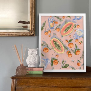 Tropical Fruit Still Life Art Print, Papaya Painting, Pink Botanical Illustration, Oranges Artwork, Food Wall Art, Modern Boho Kitchen Decor
