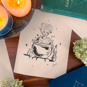 Witch Brew Art Print, Kitchen Witch Decor, Witchy Wall Art, Spooky Art, Retro Halloween Drawing, Witch Picture, Witch Poster, Fall Wall Art