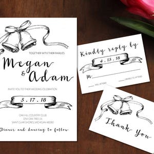 Invitation de mariage imprimable ensemble, cloches de mariage, invitations de mariage-Kit d’Invitation personnalisé mariage, invitation imprimable, noir et blanc