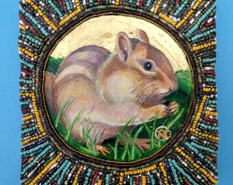 Hand-Painted Chipmunk Portrait with Beaded Gold Leaf Frame